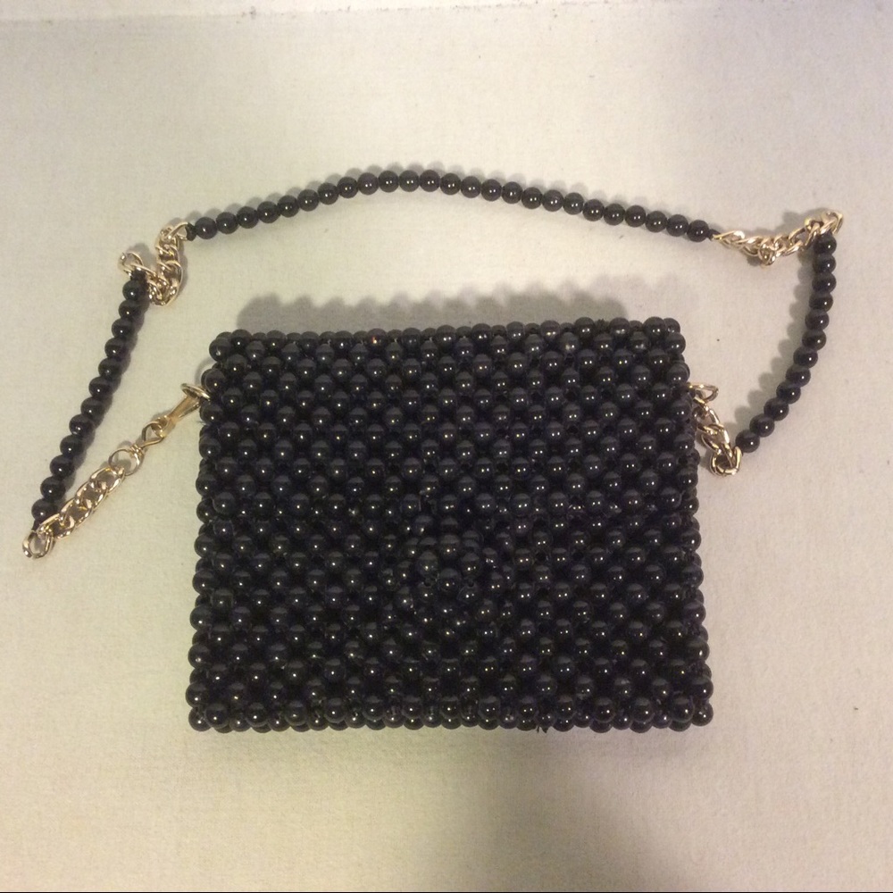 Black Beaded Crossbody Bag with Gold Chain